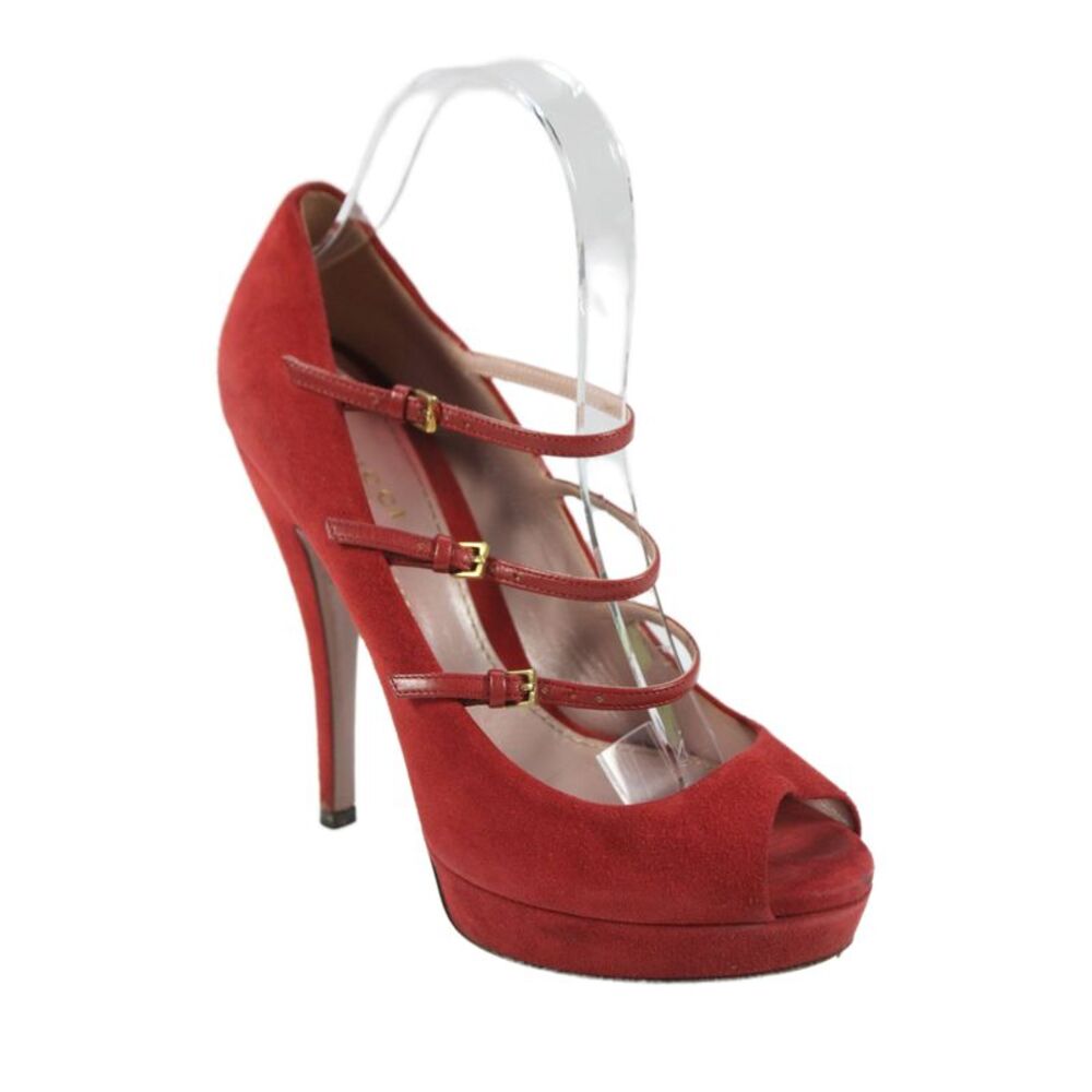 Gucci Womens Suede Strappy Low Platform Pumps Red Size 37.5 7.5